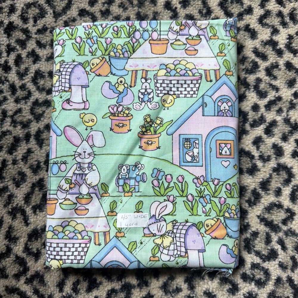 Vintage Easter Bunny floral Spring Industries Fabric Approx 1 Yard, 45"‎ Wide